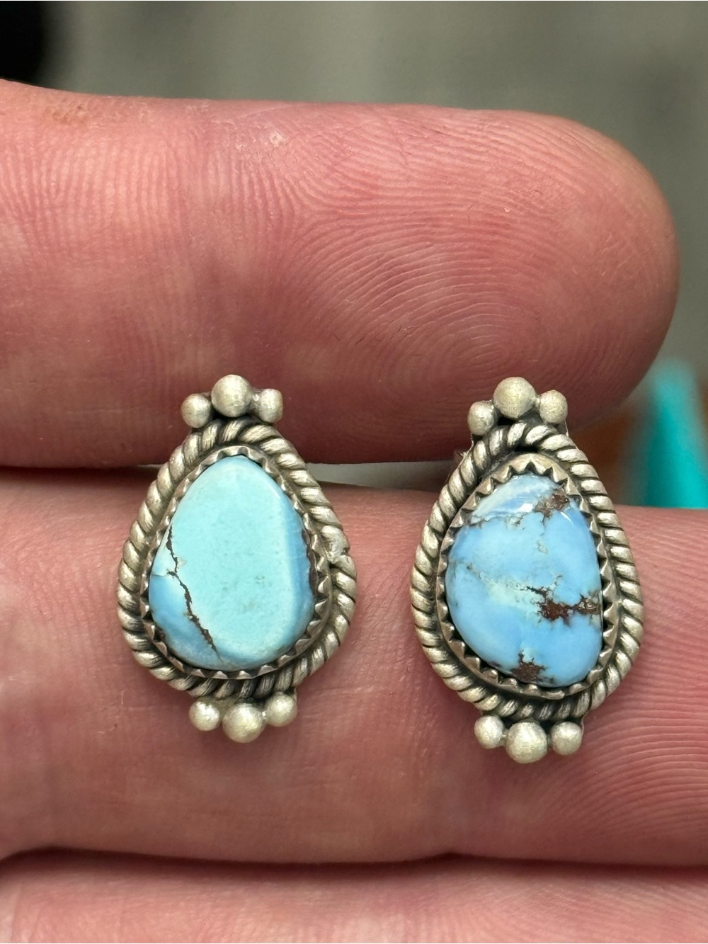 STERLING SILVER GOLDEN HILLS TURQUOISE TWIST BALL BEADED STUD EARRINGS .925 - Picture 7 of 13